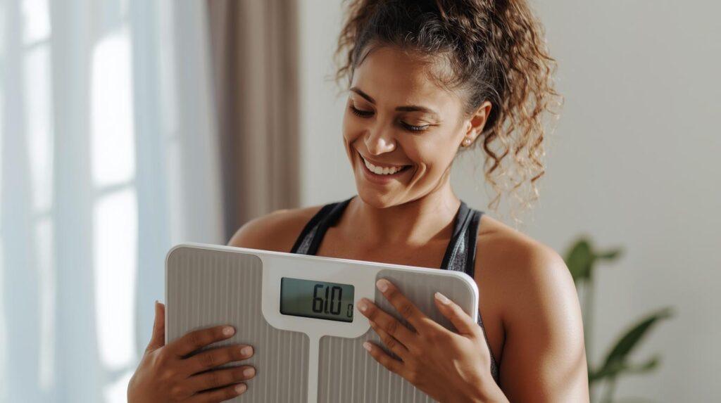 Create an image that has a woman hugging weight scale