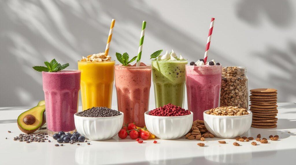 Create an image that includes like smoothies, superfoods or fibers